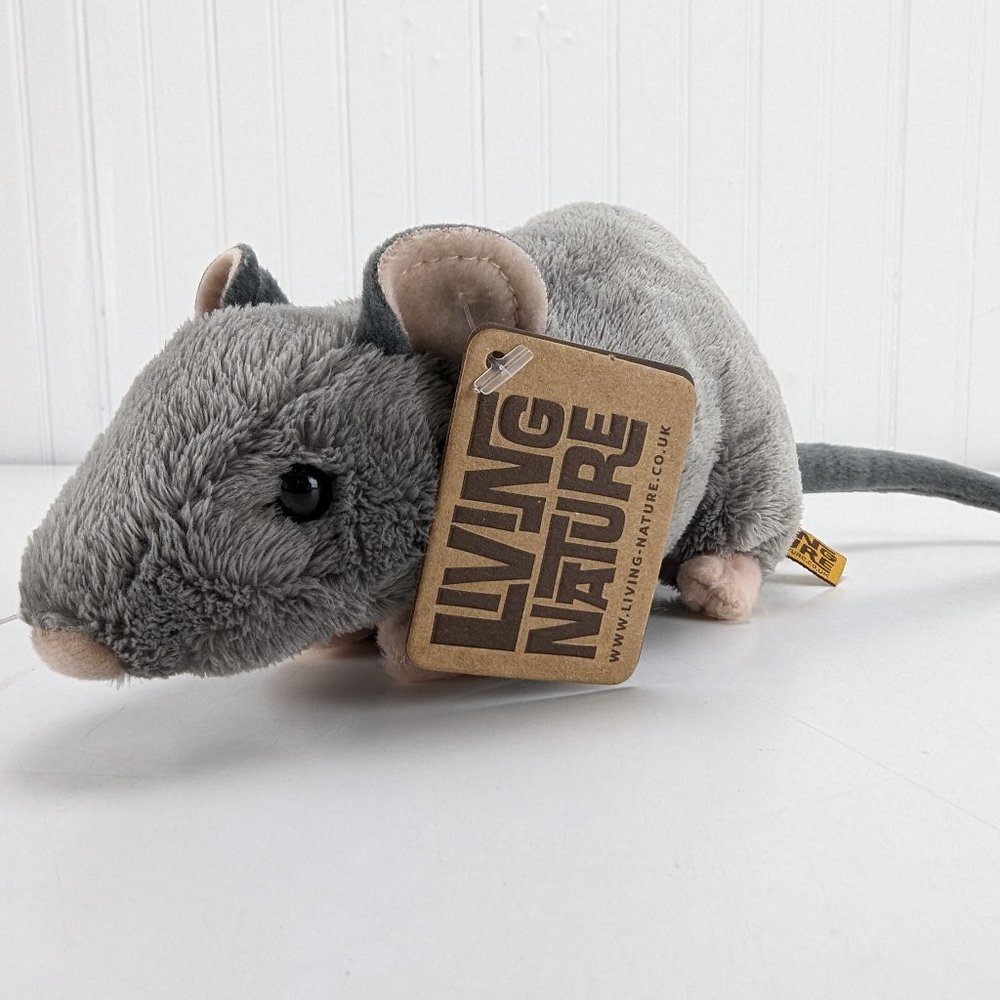 Living Nature Gray Rat Plush 8" Stuffed Animal Squeaky Toy with Tags Grey Rare